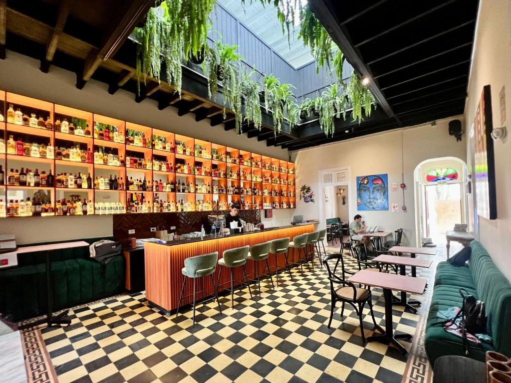 Intro Café Bar: piso de ajedrez, pared de botellas iluminada y bancas de terciopelo verde